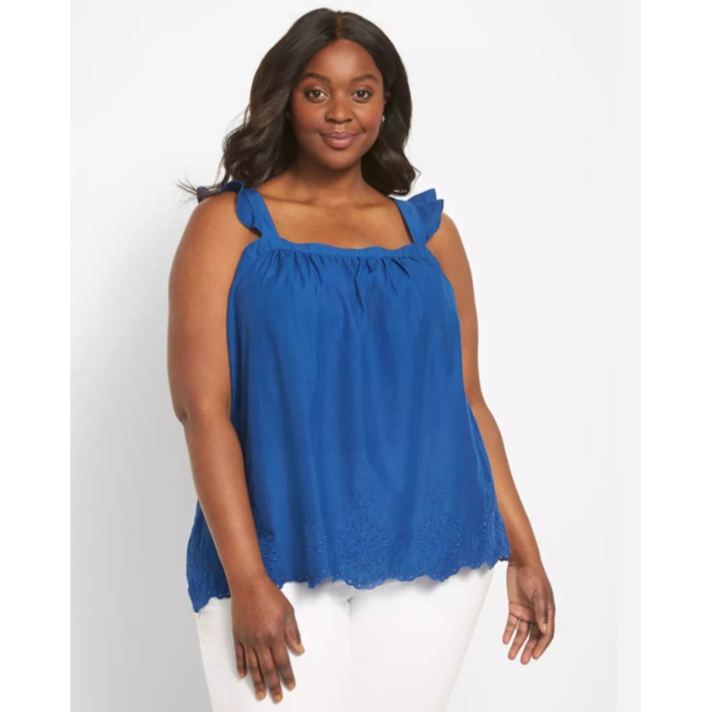Lane Bryant 100% Cotton Eyelet Tank Top Women's Plus Size 20 Blue Boho